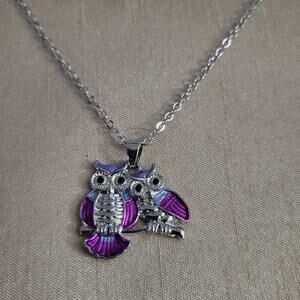 Silver tone purple and blue mother child owl pendant necklace with crystals